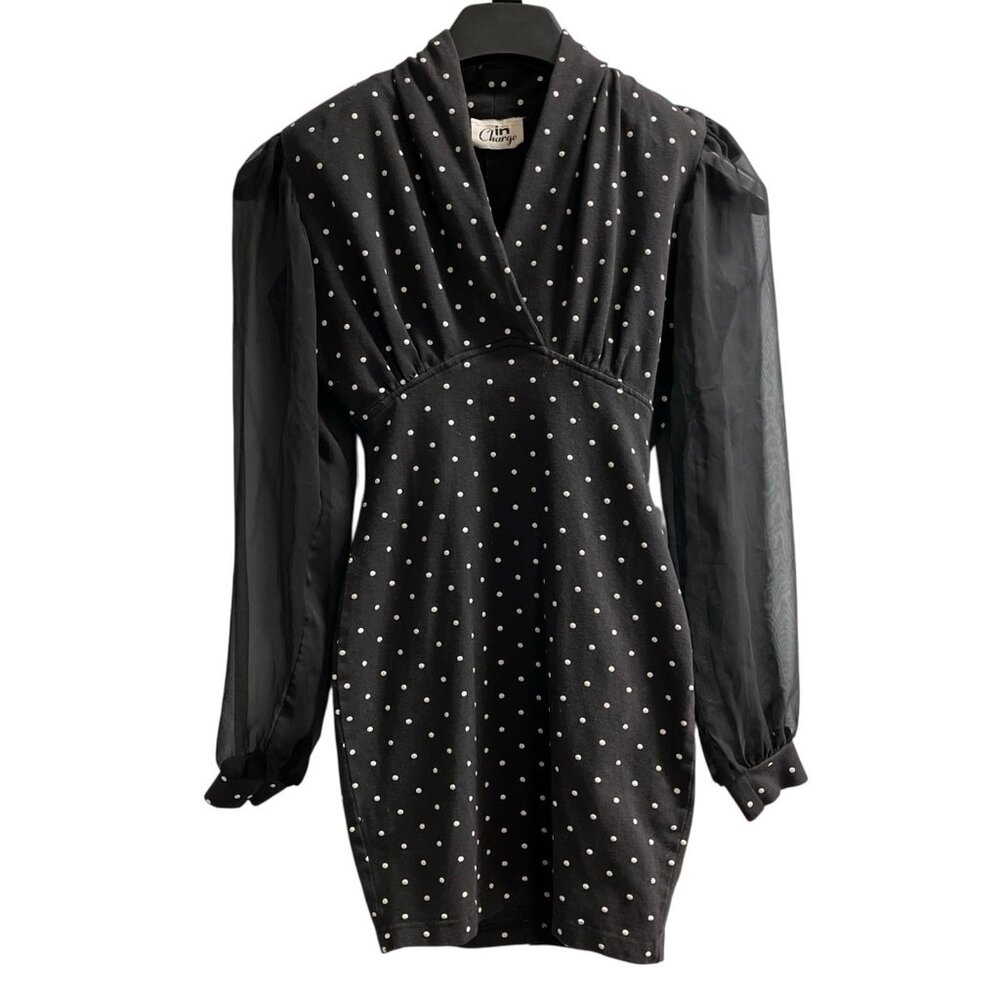 Vintage In Charge Y2K Dress Black Polka Dot Babydoll Bodycon Sheer Sleeves Retro
